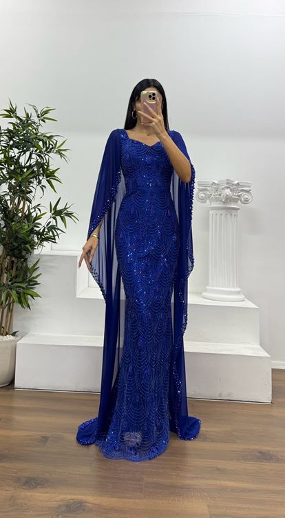 Saks İşlemeli Pelerinli  Abiye Elbise